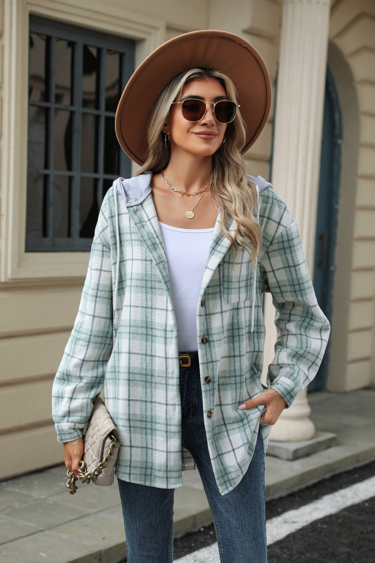 Hooded Multi-button Plaid Long Sleeve Loose Woolen Coat
