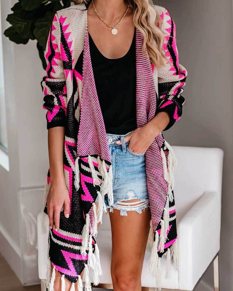 Printed Cardigan Fringe Long Sleeve