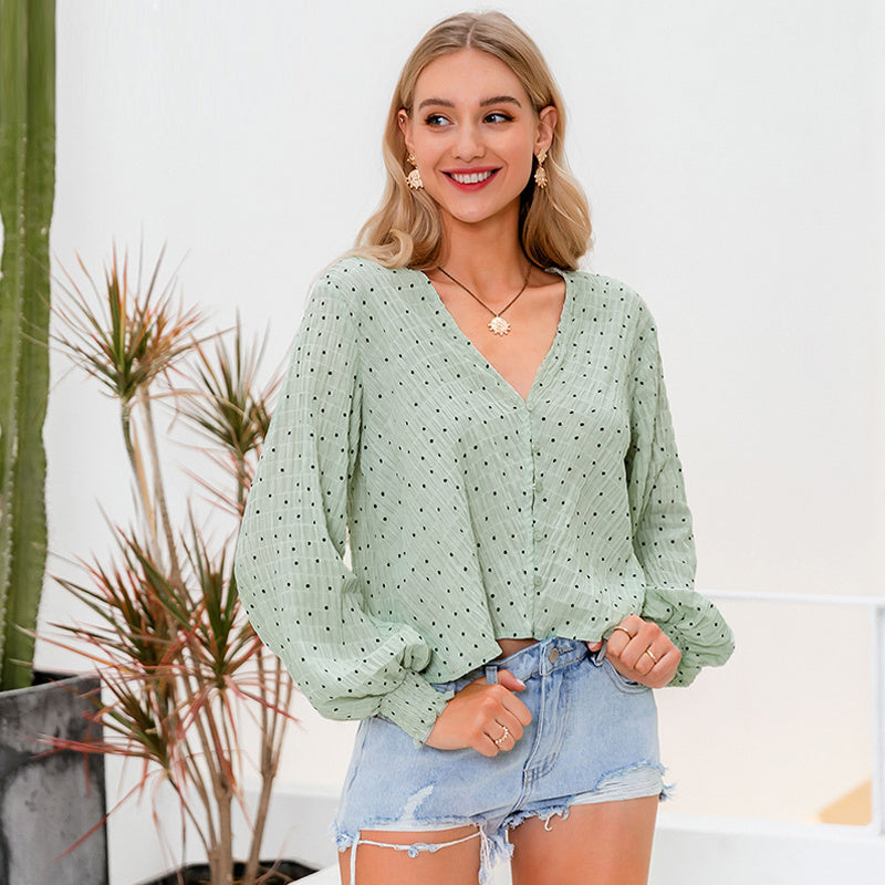 V-Neck Polka Dot Lantern Sleeve Loose Shirt Blouse