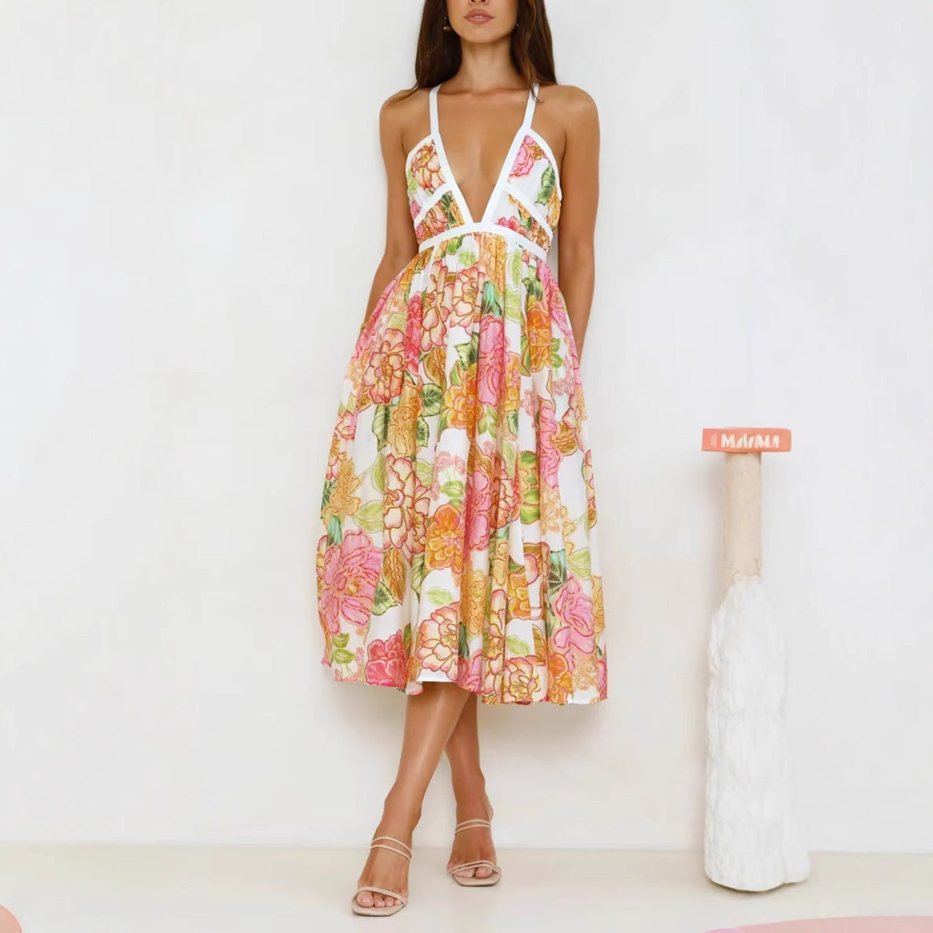 Floral Swing Dress V-Neck Lace-Up Summer Vacation Dress
