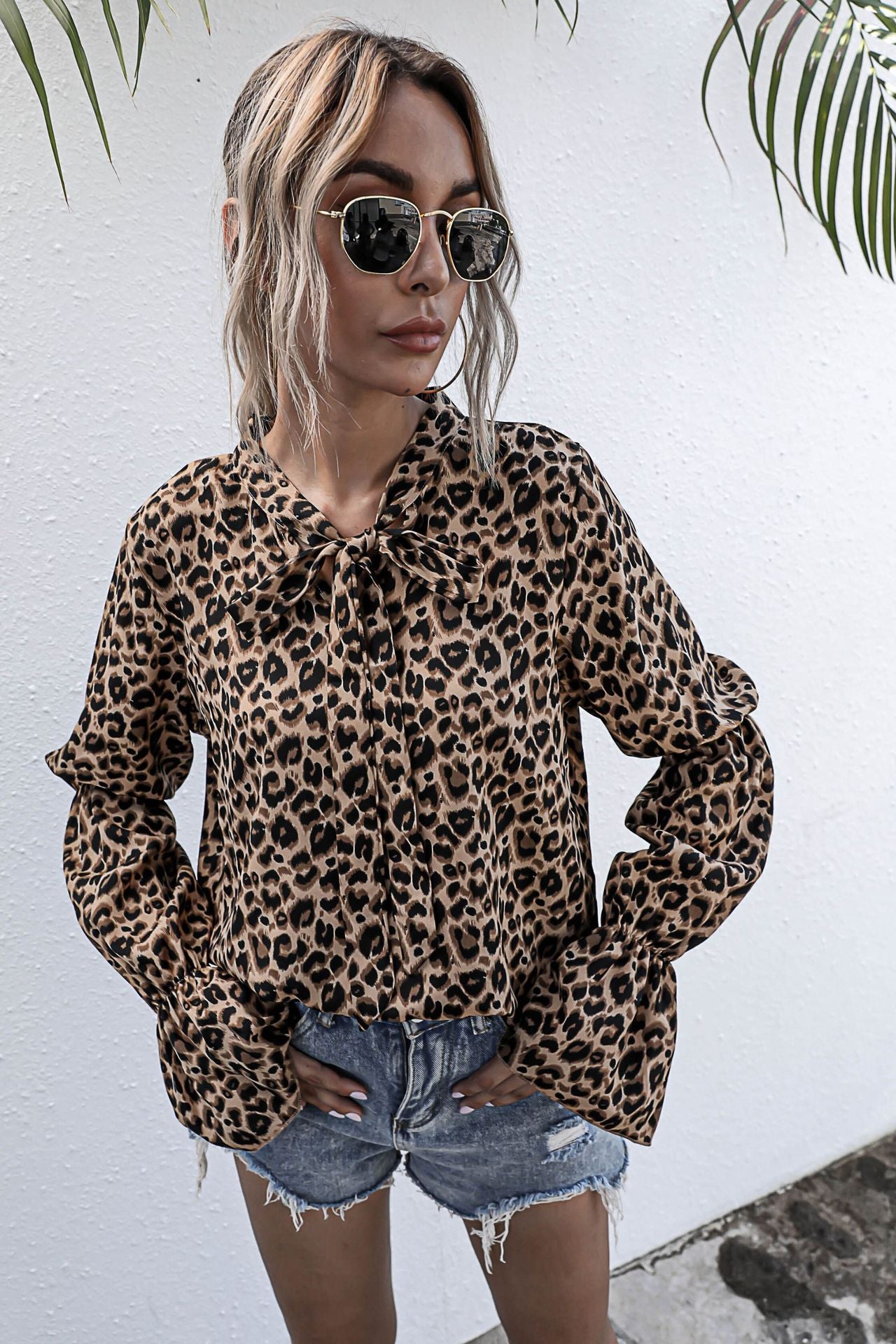 Leopard Print Lace-up Lantern Sleeve Blouse