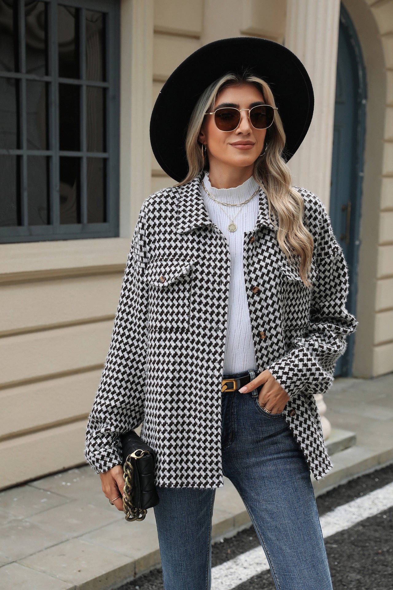 Lapel Plaid Multi-Button Long Sleeve Woolen Loose Fit Winter Jacket