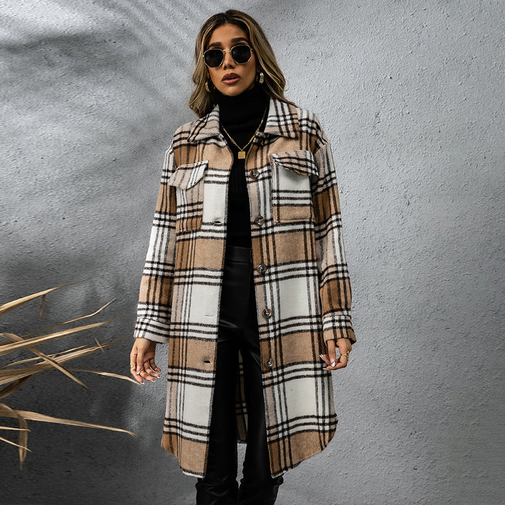 Plaid Wool Coat Single Row Button Long Winter Jacket