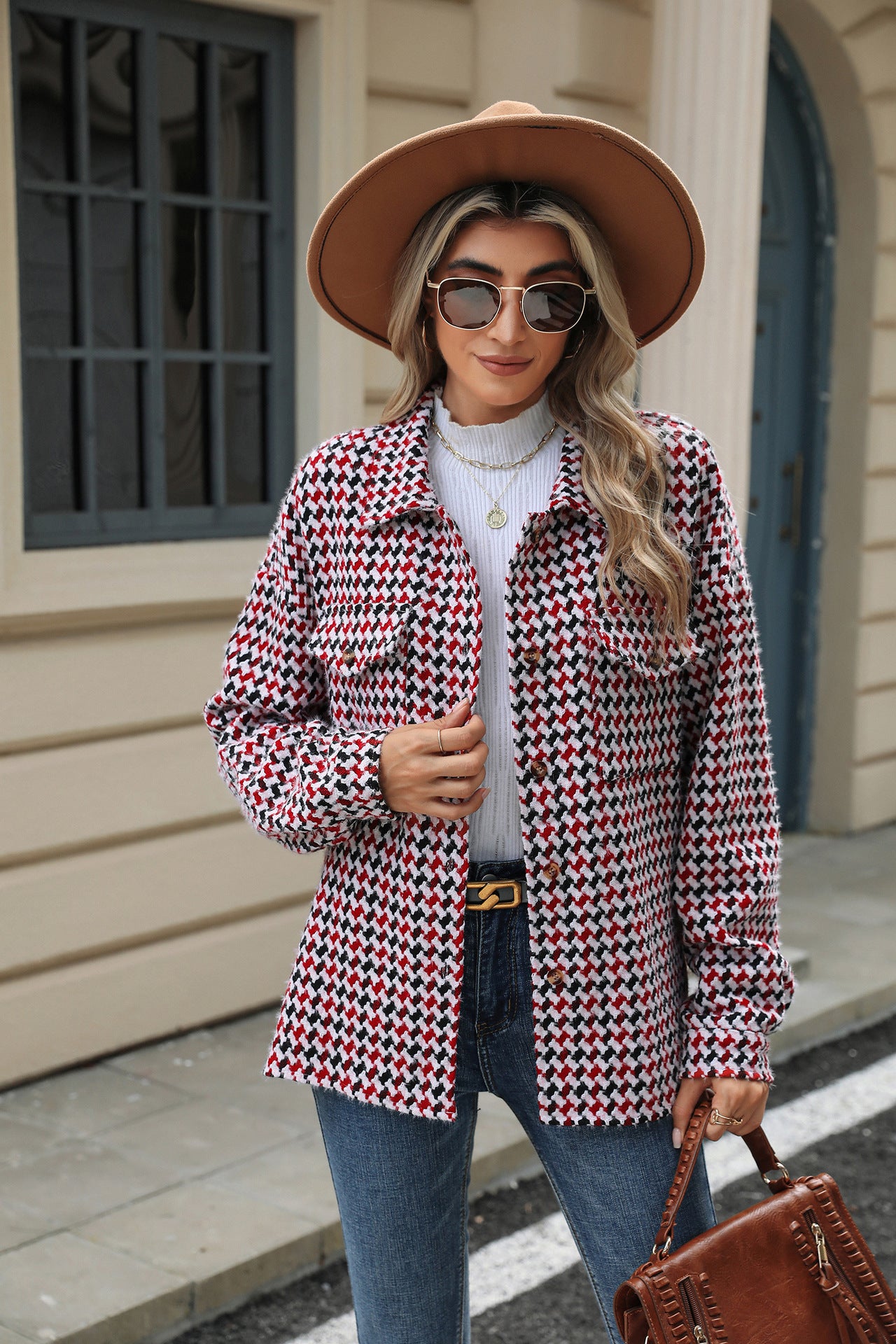 Lapel Plaid Multi-Button Long Sleeve Woolen Loose Fit Winter Jacket