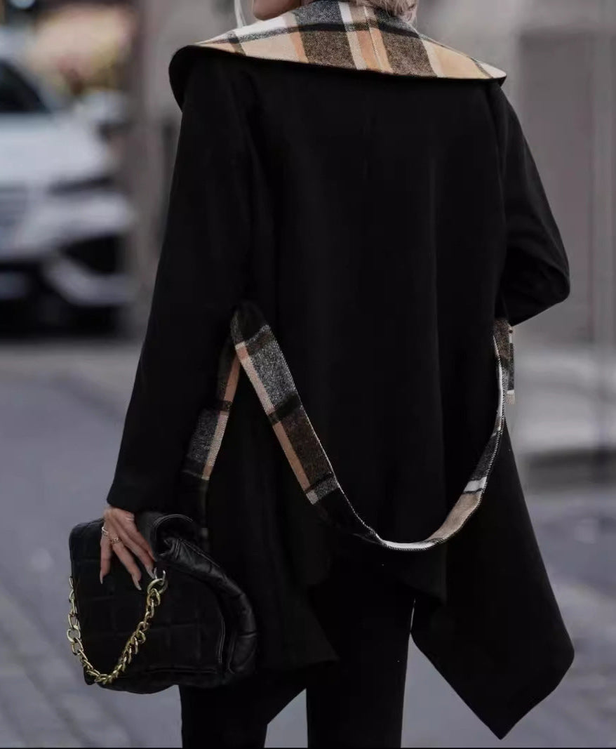 Lace-Up Plaid Color Block Wool Trench Coat