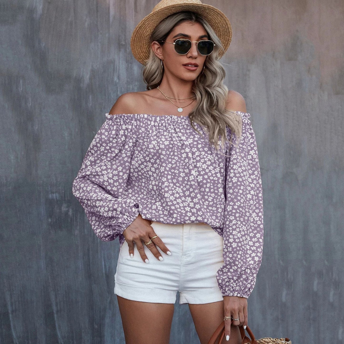Off-Shoulder Printed Long Sleeve Loose Shirt