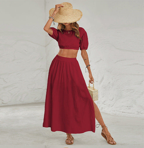 Two-Piece Outfit Solid Midi Skirt Fashion Set