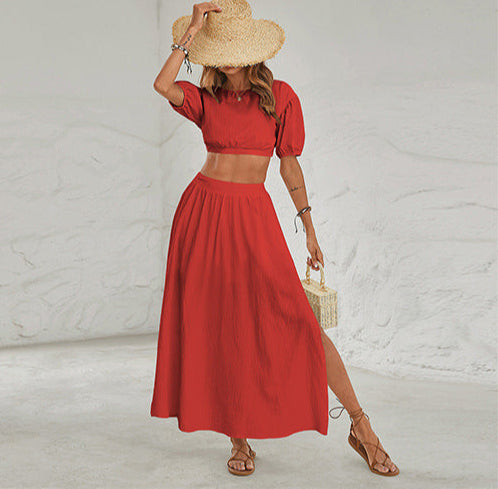 Two-Piece Outfit Solid Midi Skirt Fashion Set