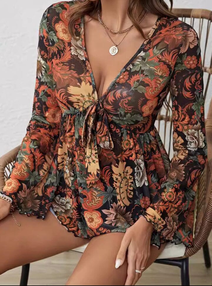 Mesh Printed Front Knotted Flare Sleeve Long-Sleeve Top top VAYORK STARS