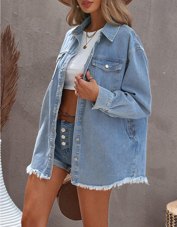 Mid-Length Denim Shirt Long Sleeve Lapel Solid Top