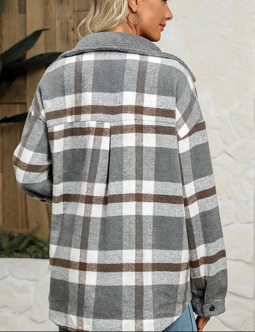 Plaid Velvet Jacket Polo Collar