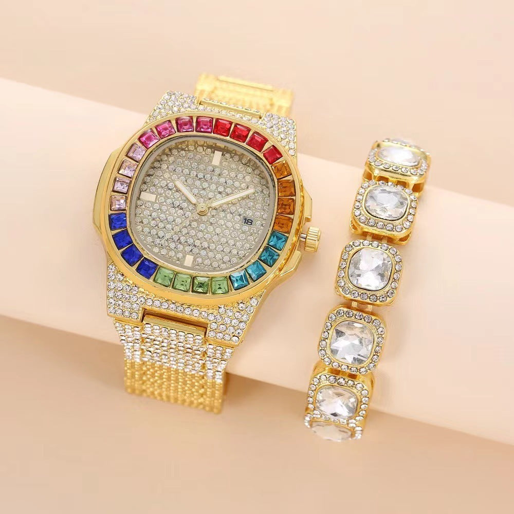 Square Quartz Watch Full Diamond Inlaid Color Stones with Steel Belt Box