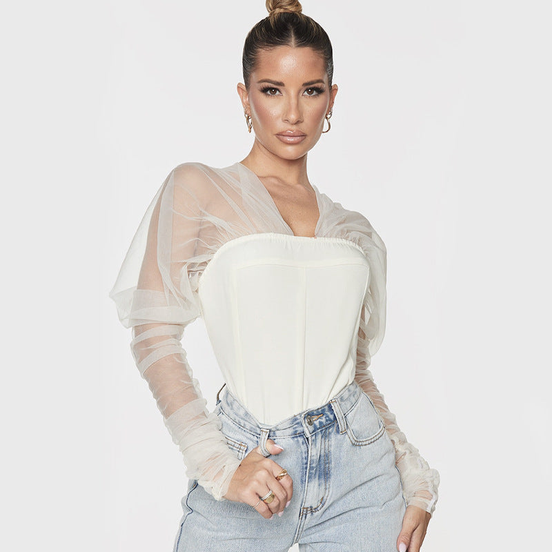 V-Neck Fashion Mesh Panel Puff Sleeve Slim Bodysuit