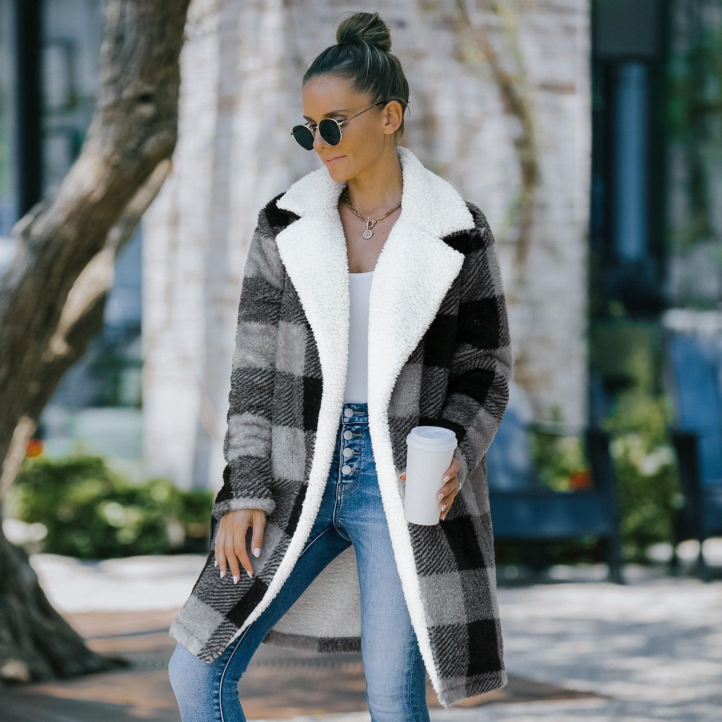 Solid Color Plaid Woolen Coat Elegant Winter