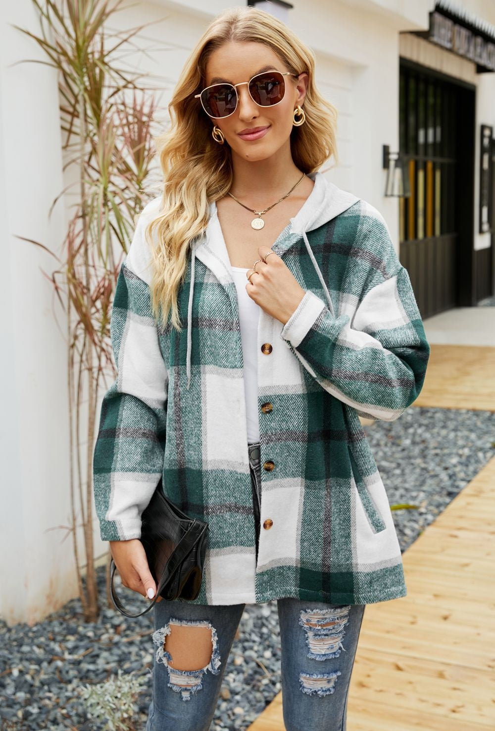 Plaid Hooded Coat Casual Loose Shirt Jacket