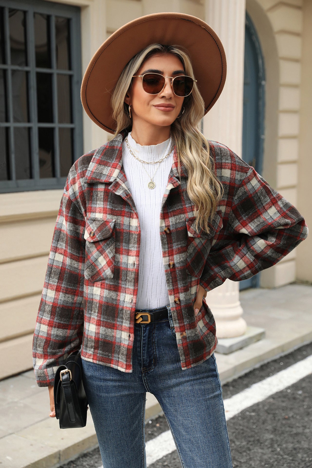 Lapel Plaid Button Loose Long-sleeved Woolen Coat