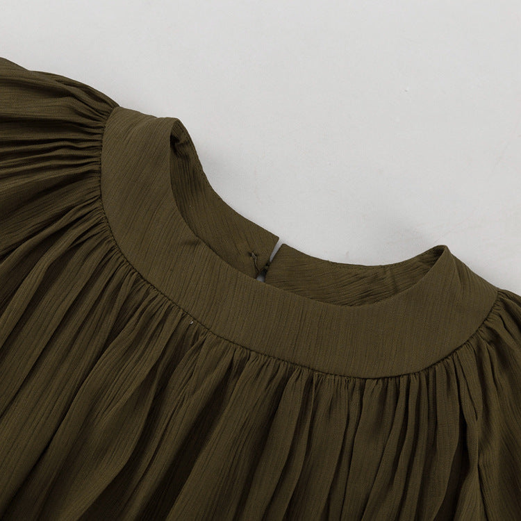 Loose Pleated Long Sleeve Dress Round Neck Waist-Tie Lace-Up