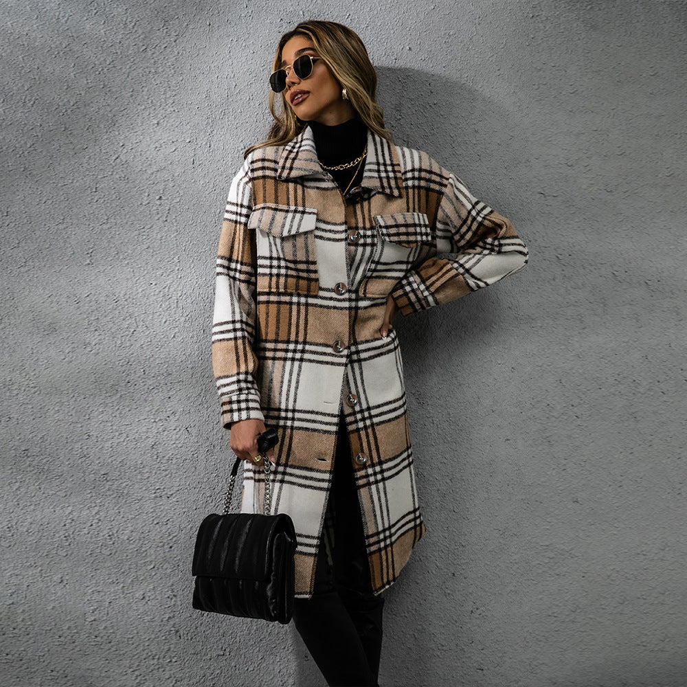 Plaid Wool Coat Single Row Button Long Winter Jacket