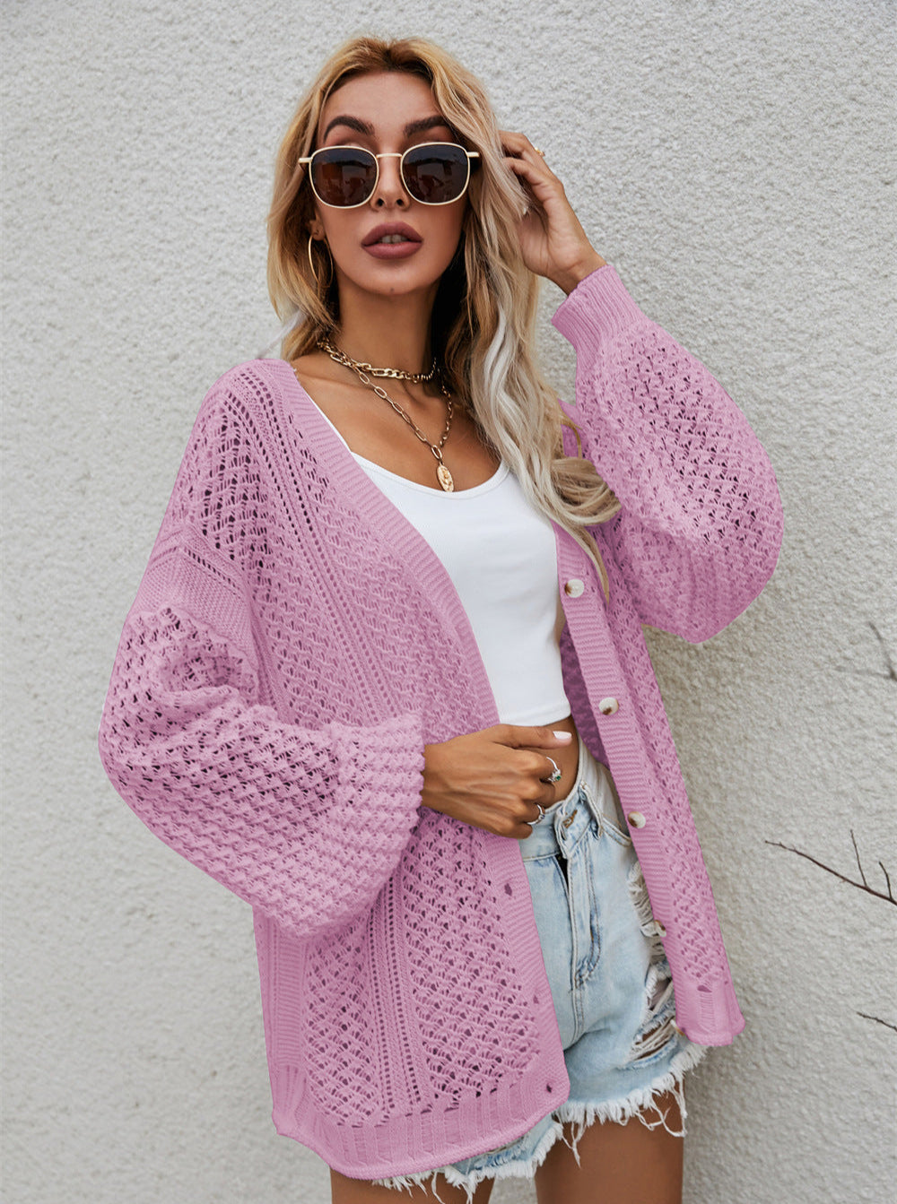 V-Neck Hollow Out Loose Fit Button Sweater