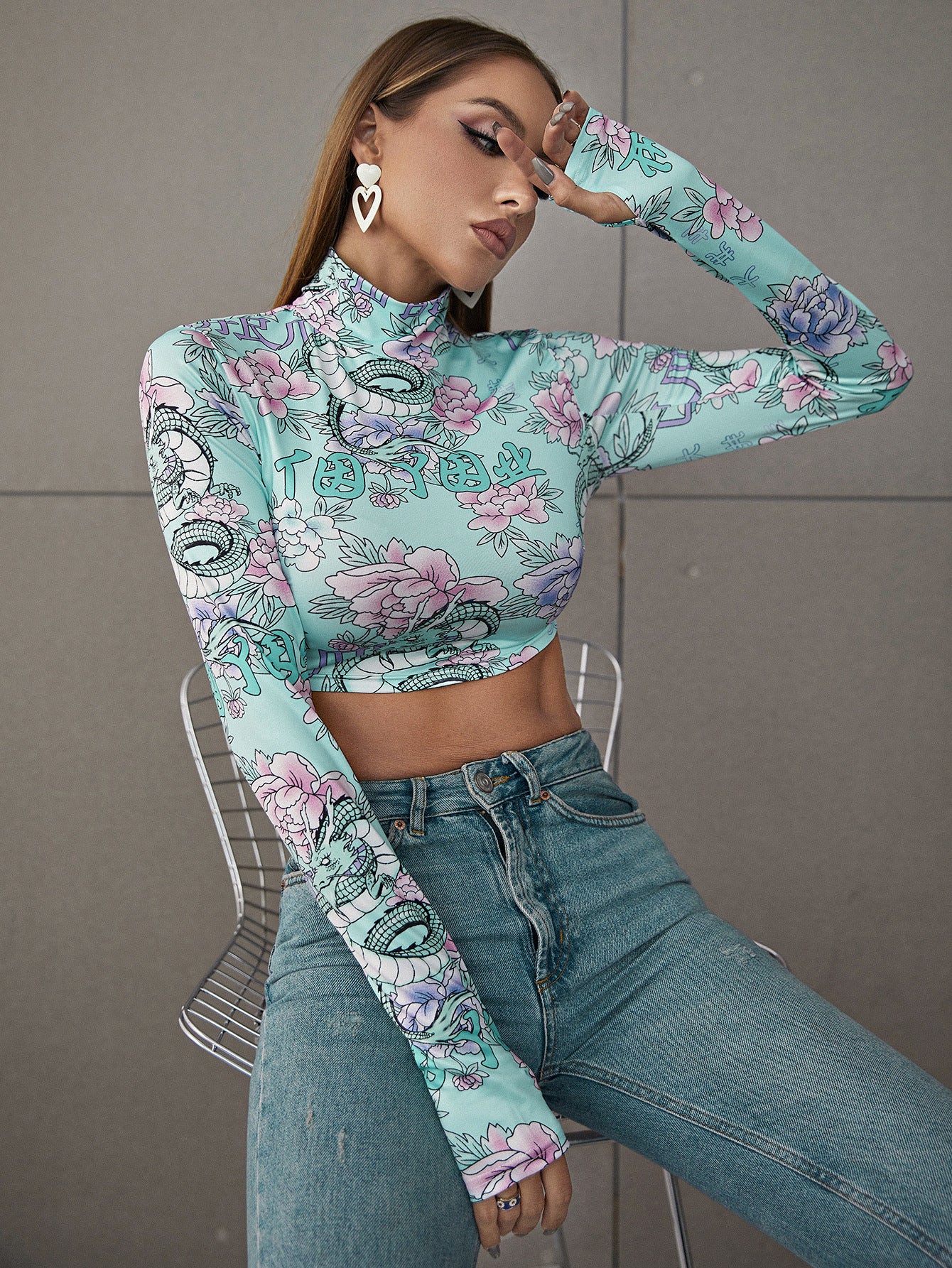 Printed Skinny Turtleneck Cropped Top