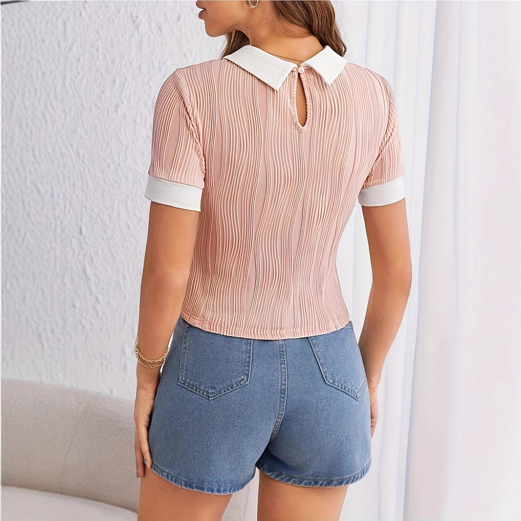 Contrast Collar Top Short Sleeve Blouse with White Lapel Detail