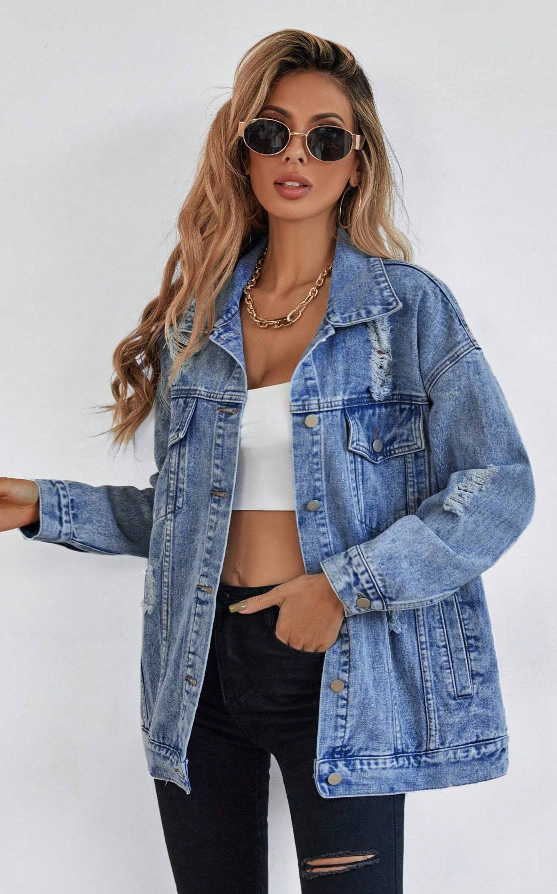 Button Blue Front Flap Pocket Drop Shoulder Denim Jacket