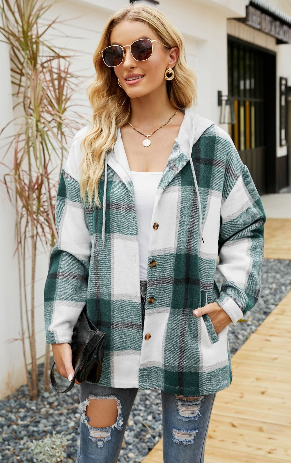 Plaid Hooded Coat Casual Loose Shirt Jacket