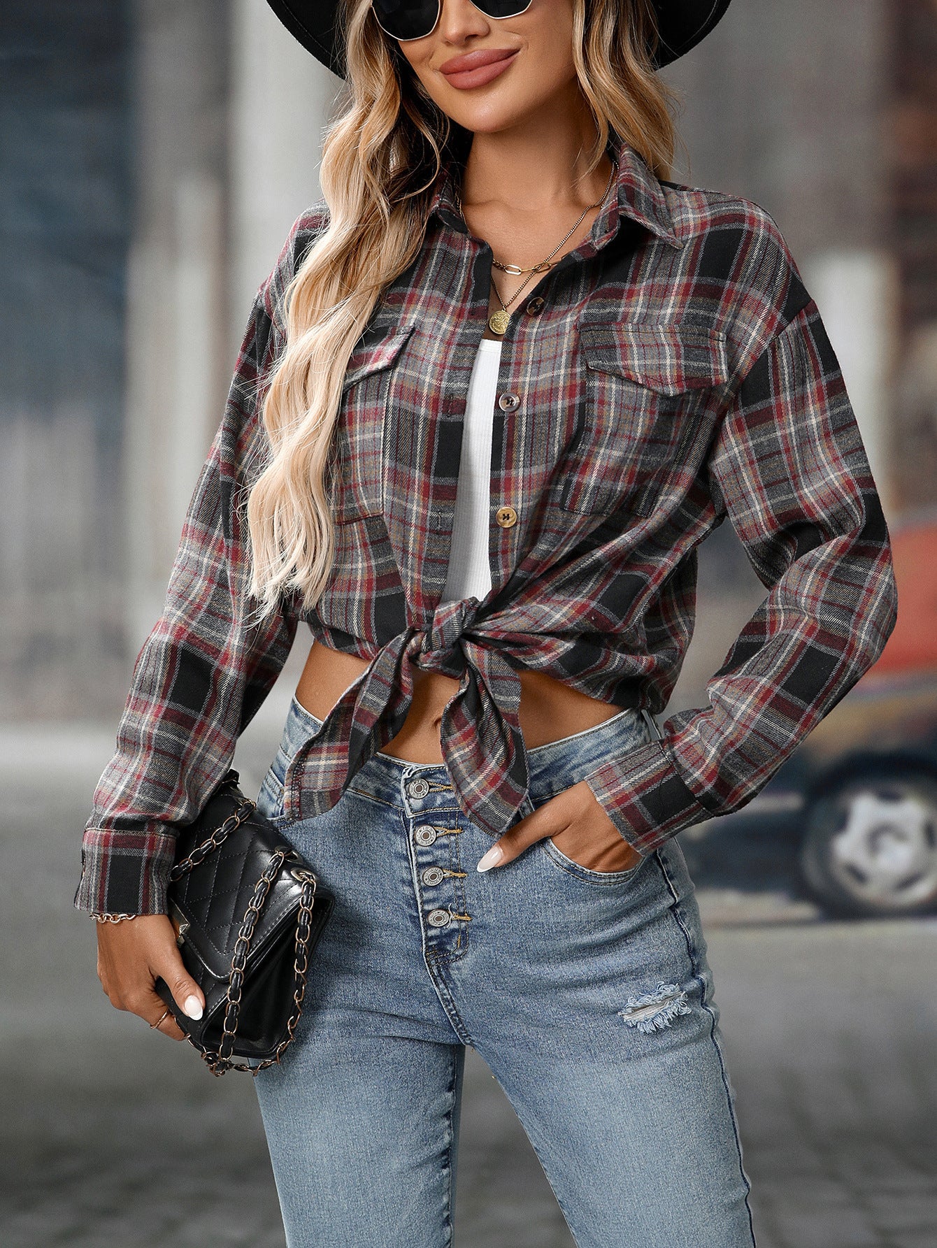 Loose Plaid Shirt Pocket Button