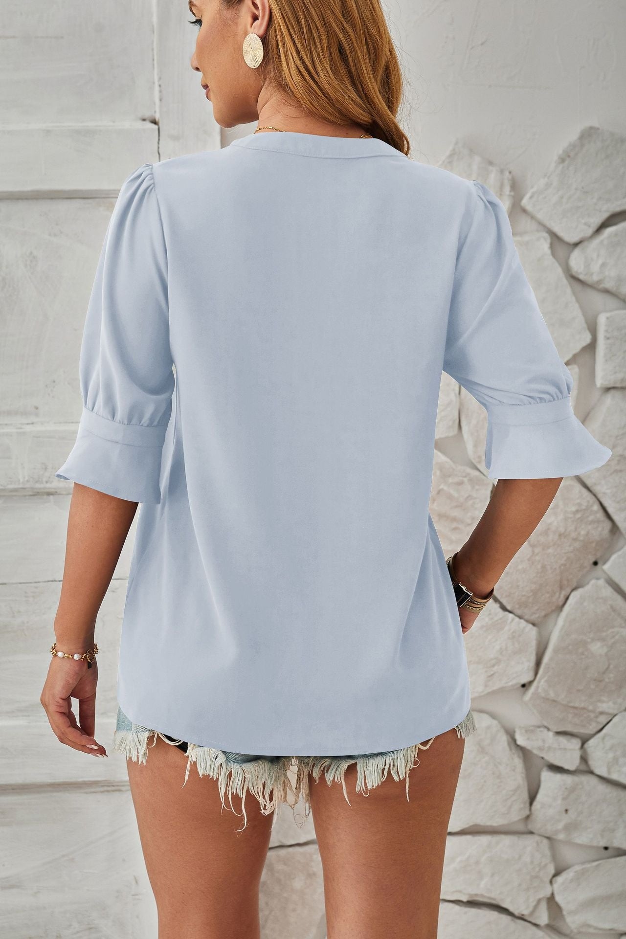 V-Neck Mid-Sleeve Casual Top – Comfortable & Breathable