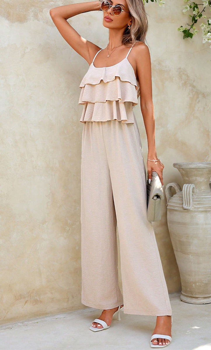 European & American Style Lotus Leaf Suspender Jumpsuit