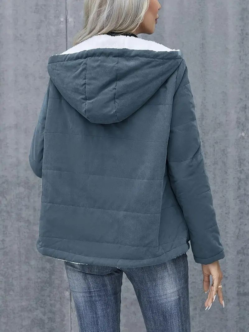 Fleece-Lined Hooded Coat – Winter Preppy Long Sleeve Jacket with Pockets