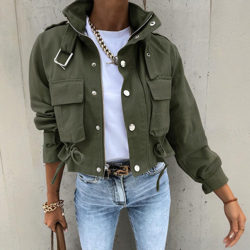 Stand Collar Long Sleeve Jacket Button & Zipper Short Coat with Pockets