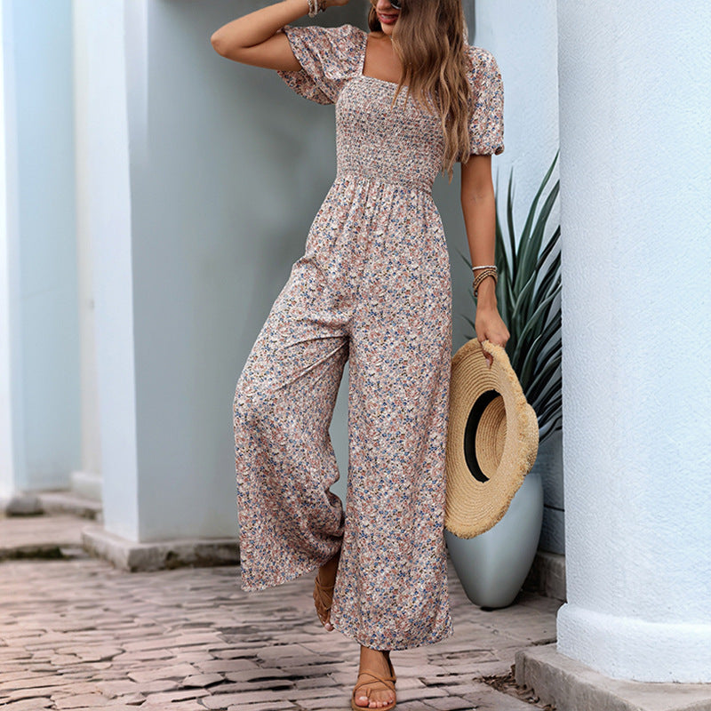 Floral Jumpsuit Square Collar Puff Sleeve