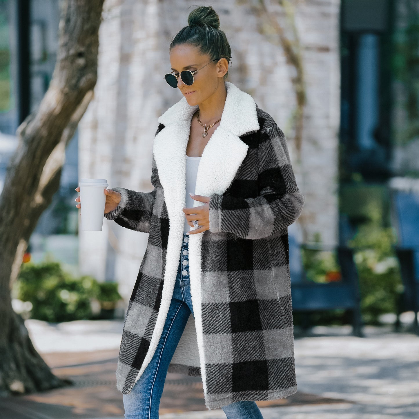 Solid Color Plaid Woolen Coat Elegant Winter