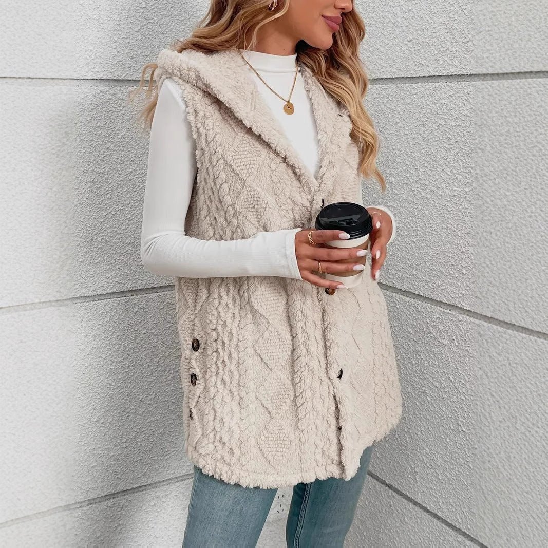 Double-Sided Plush Hooded Cardigan Button Front Casual