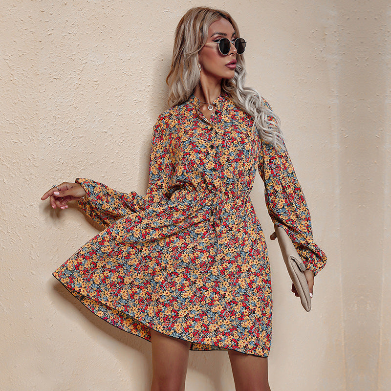 V-Neck High Waist Lace Floral Chiffon Dress Elegant