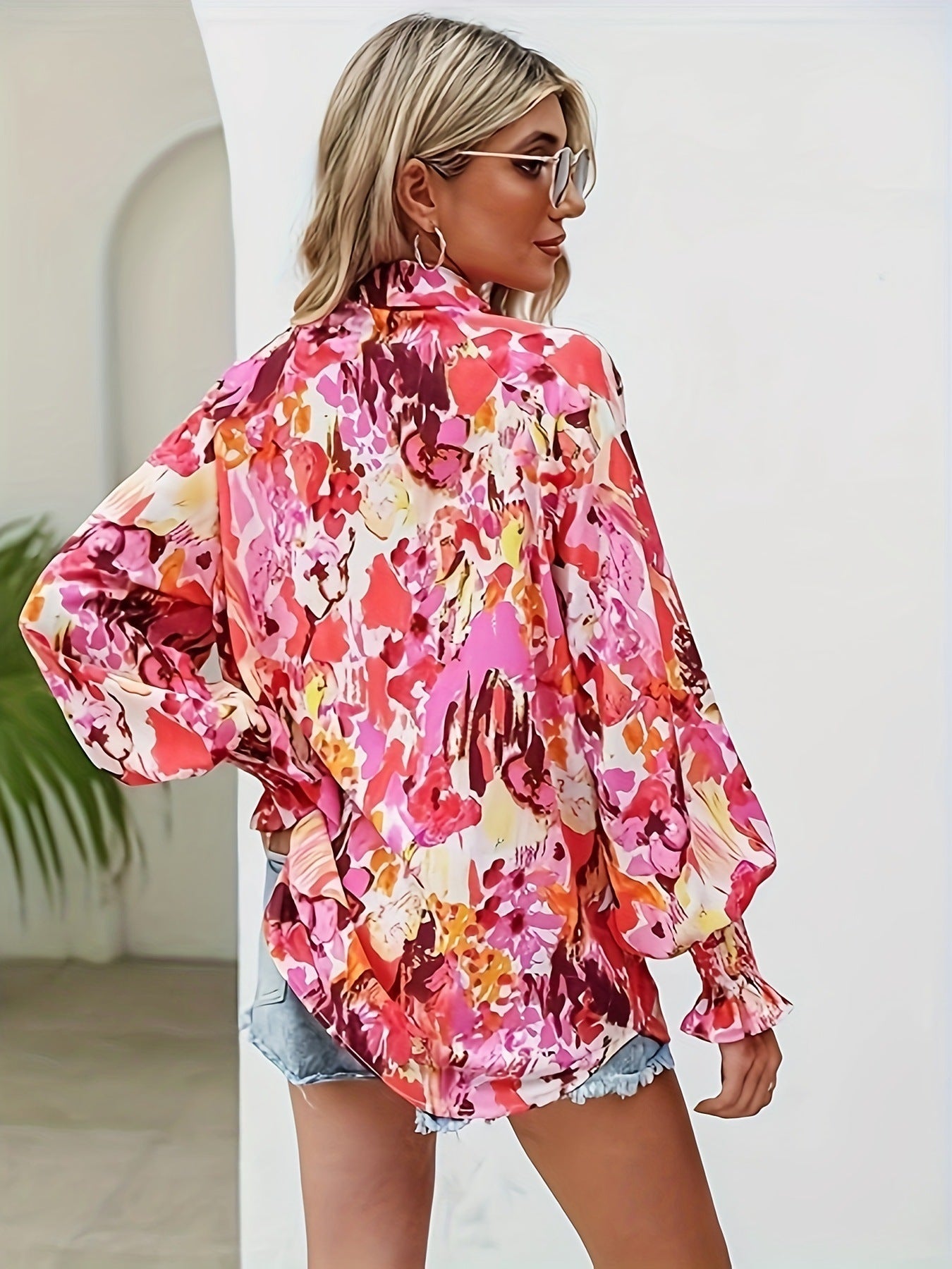 V-Neck Printed Top Lantern Sleeve Long Sleeve Shirt Blouse