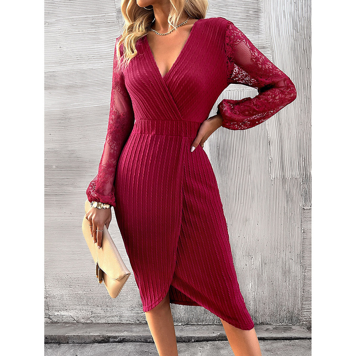 V-Neck Lace & Knitted Long-Sleeve Dress