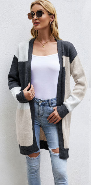 Loose Plus Size Color Block Knitted Cardigan Oversized