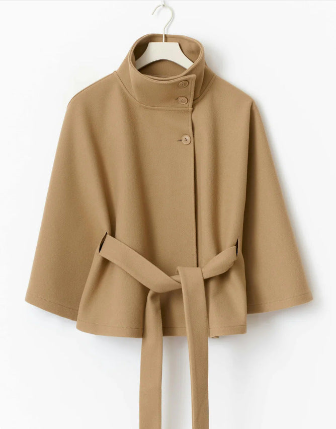 Solid Color Trench Coat Stand Collar Cloak with Button & Belt Elegant Outerwear