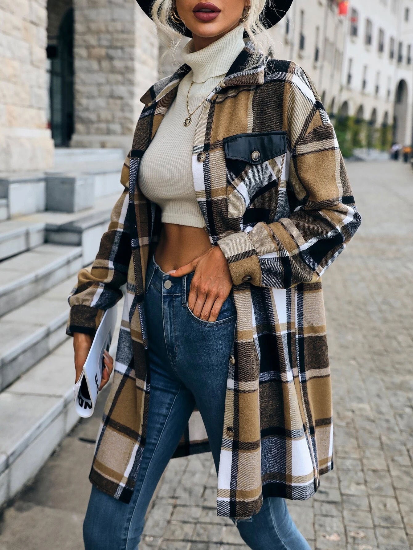 Plaid Jacket –Long Button-Up Coat with Pockets