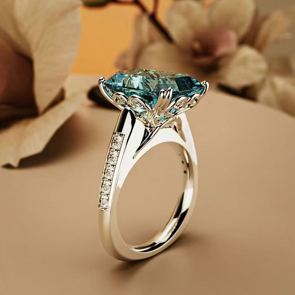 Luxury Blue Rectangular Ring Elegant Fashion