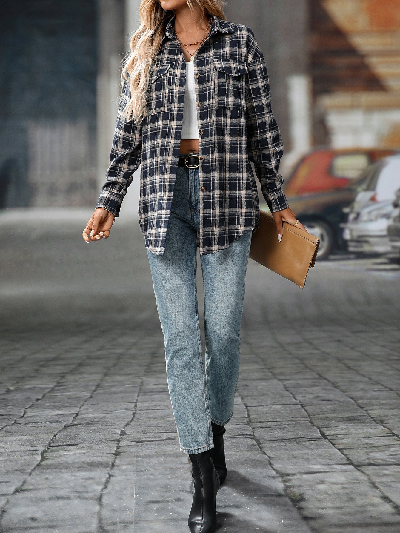 Loose Plaid Shirt Pocket Button