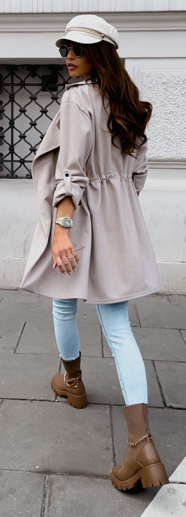 Suit Collar Mid-Length Trench Coat Drawstring Waist