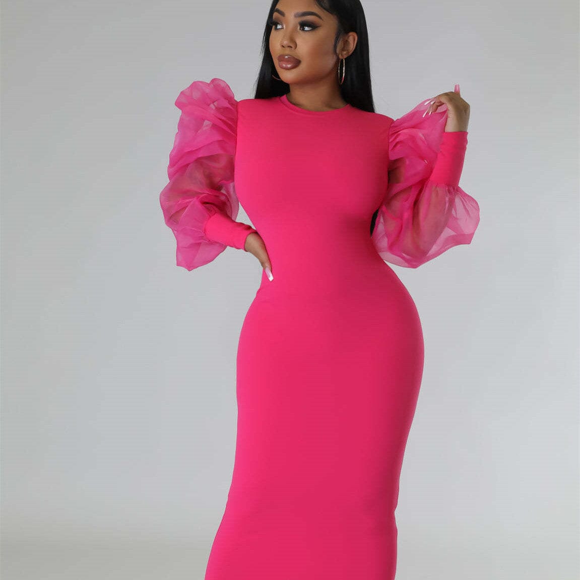 Mesh Puff Sleeve Elegant Slim Fit Dress Dresses VAYORK STARS Rose Red L