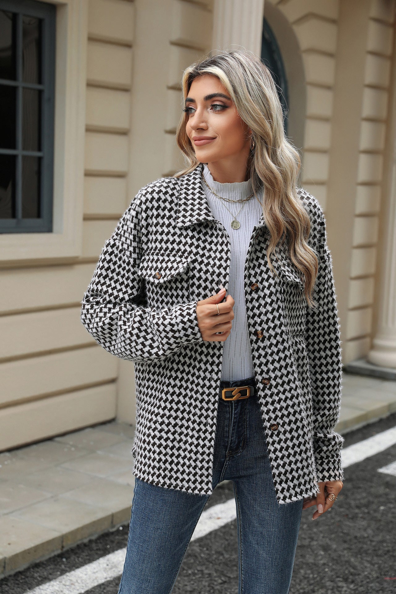 Lapel Plaid Multi-Button Long Sleeve Woolen Loose Fit Winter Jacket