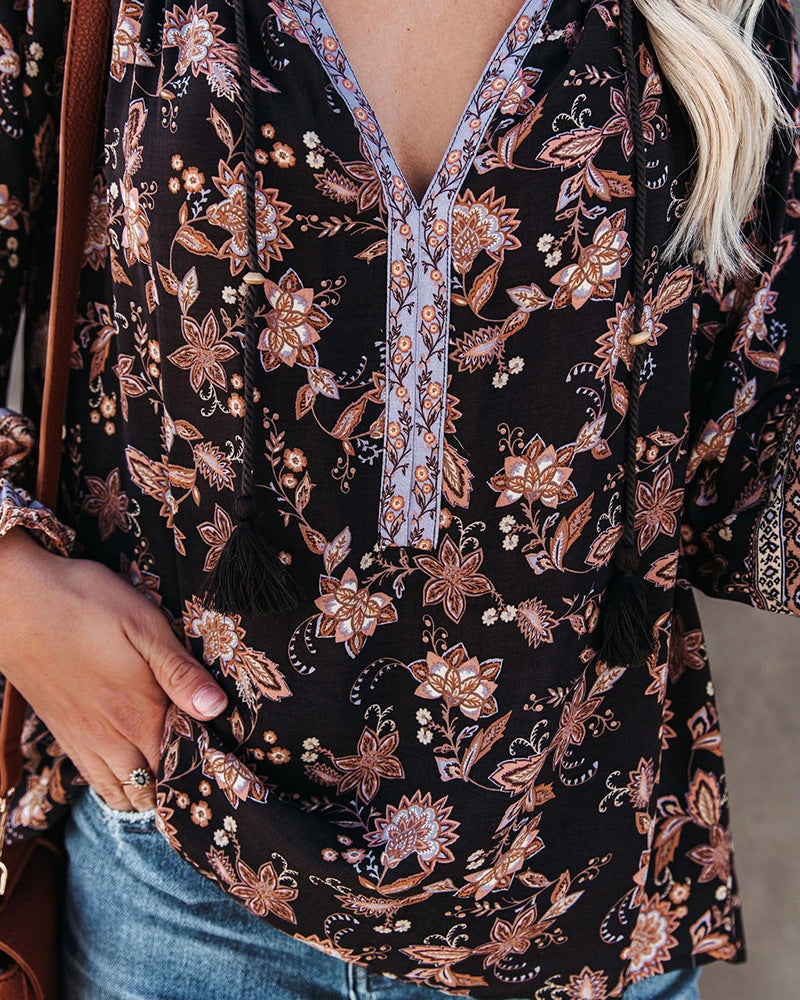 Printed V-Neck Lantern Sleeve Shirt Loose Long Sleeve Blouse