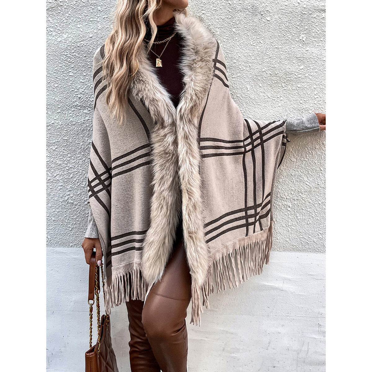 Mosaic Plaid Sweater Shawl Knit Cardigan