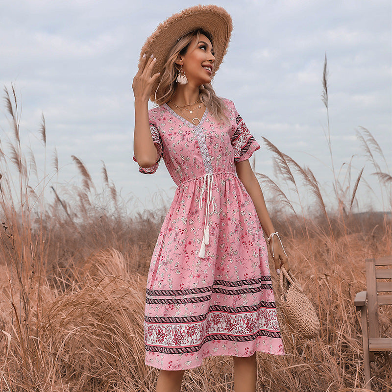 Floral Lace-Up Slim Fit Short-Sleeve V-Neck Dress