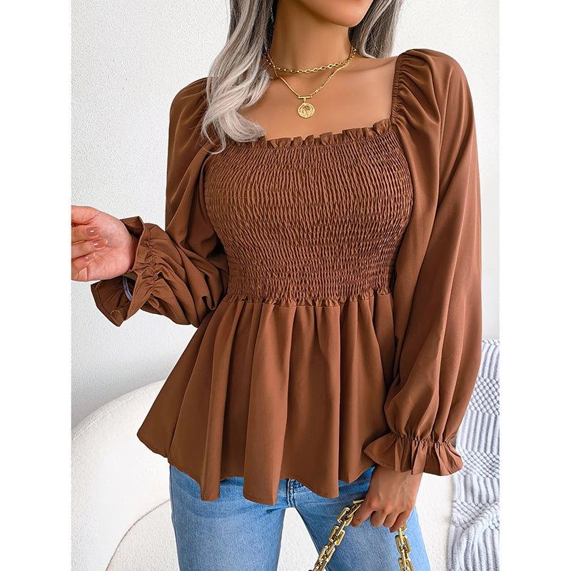 Peplum Tops Square Neck Ruffle Trim Long Sleeve Blouse Smocked Top Dressy